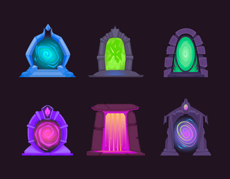 magic portals set. cartoon fantasy fairy tale teleport gates collection, stone arches between worlds, planets, galaxy archways. vector cartoon portals set.のイラスト素材