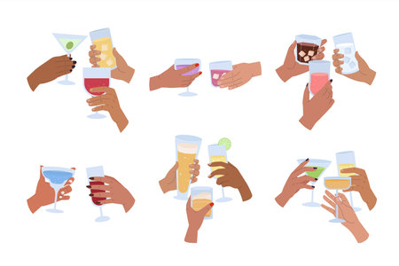 hands holding drinks. cocktail gathering party, drinking toast to friendship, hands holding glasses alcohol drinking concept. vector cartoon illustration.のイラスト素材