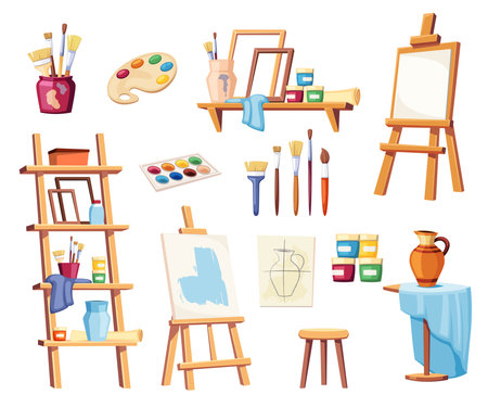 artist tools. cartoon minimalistic flat painting attributes collection, brush, paint, palette, easel, paintbrush, canvas, drawing supplies set. vector cartoon items isolated white background.のイラスト素材