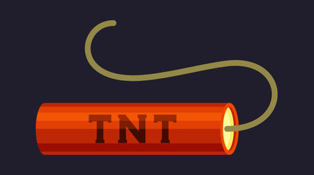 TNT. dynamite box, red detonators stick burning cable, fuse cartridge belt. vector cartoon item.のイラスト素材