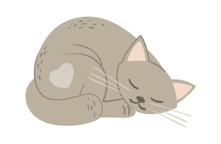 cute cartoon cat. funny doodle kitten, adorable pet animal, grey cat sleeping. vector cartoon cat isolated on white background.のイラスト素材