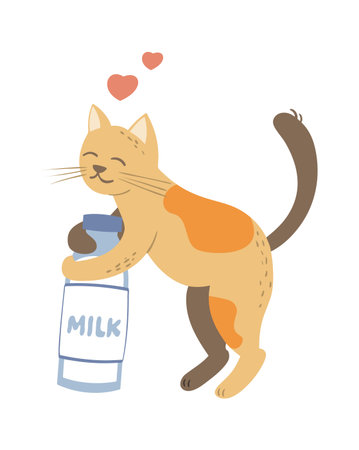 cartoon cute cat. adorable pet animal with milk bottle, funny kitties playing, funny doodle kitten. vector cartoon cat isolated on white background.のイラスト素材