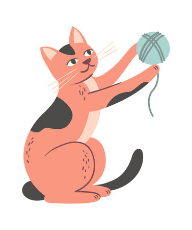 cute cartoon cat. adorable pet animal playing with wool, funny doodle kitten, funny kitties playing. vector cartoon cat isolated on white background.のイラスト素材