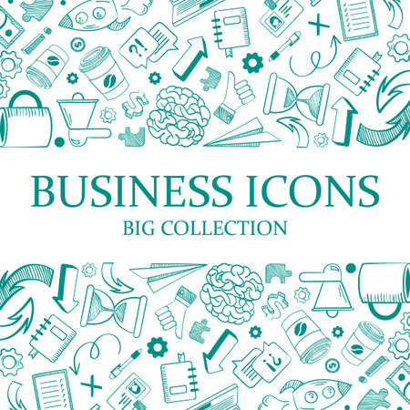 hand drawn business icons. horizontal background with startup concept doodle sketch icons. vector cartoon flat graphics.のイラスト素材