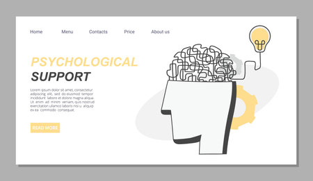 psychological support landing. brain issues, mental health care concept. vector cartoon social media template.のイラスト素材