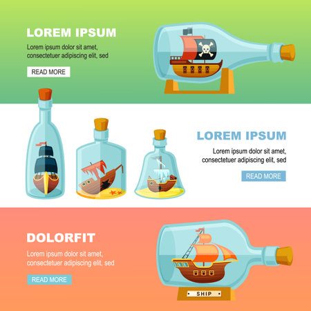 antique ships in bottle. ancient glass miniature with sailboat, souvenir horizontal banners. vector cartoon backgrounds.のイラスト素材