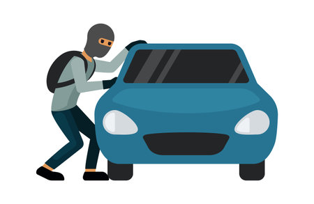 car burglary. robber cartoon concept illustration, thief criminal character doing crime, stolen things. vector cartoon flat graphics.のイラスト素材
