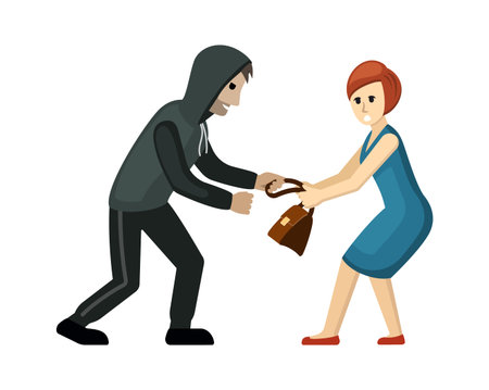 robber character. cartoon burglary thief, criminal character doing violent robbery, stolen things. vector cartoon flat graphics.のイラスト素材