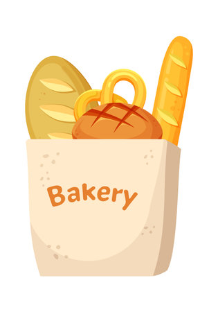 grocery bag. bread bakery supermarket cartoon purchases pack. vector cartoon flat illustration.のイラスト素材