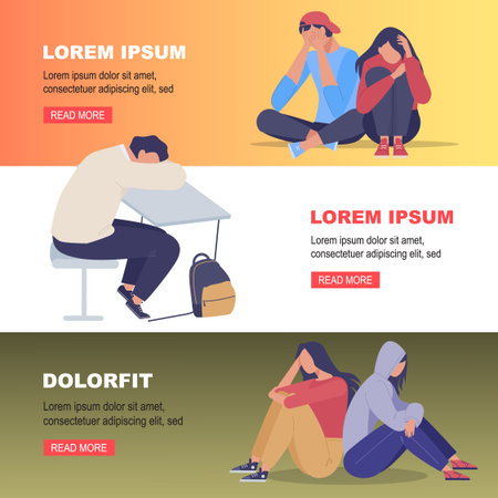 tired schoolchildren. tired kids, sleepy eyes reflecting the weight of academic demands, characters that need rest. vector cartoon horizontal banner.のイラスト素材