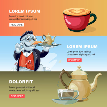 tea time banners. mugs with hot drinks, sweet desserts, snowman with tea cup. vector cartoon horizontal banner.のイラスト素材