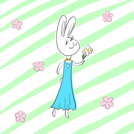 Vector illustration cute romantic rabbit girl character walking across abstract flower field with white daisy in handのイラスト素材