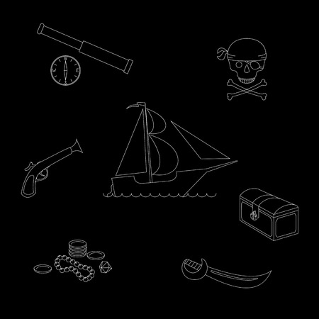 illustration pirate theme outline figures set against black background, including pirate ship, chest, scattered treasures, cutlass, pistol, telescope, compass and skull with crossbonesのイラスト素材