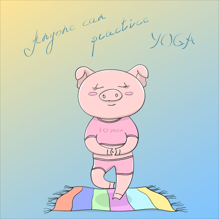 illustration cute happy piggy cartoon character doing yoga exercise on colored floor mat, motivating title Anyone can practice yogaのイラスト素材