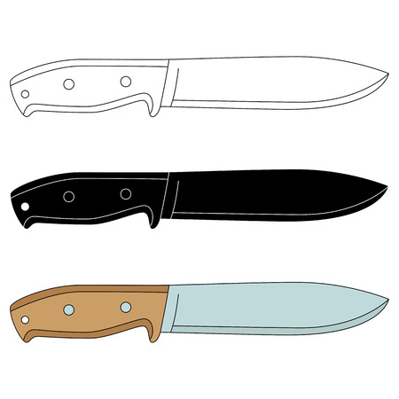 Heavy duty hunting or survival knife with full tang and lanyard hole, set of contour, silhouette and color. Vector illustration isolated on white.のイラスト素材