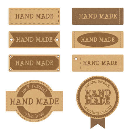 Set of vintage textured cardboard badges, tags and labels for hand made products, eps10 vector illustration isolated on white backgroundのイラスト素材