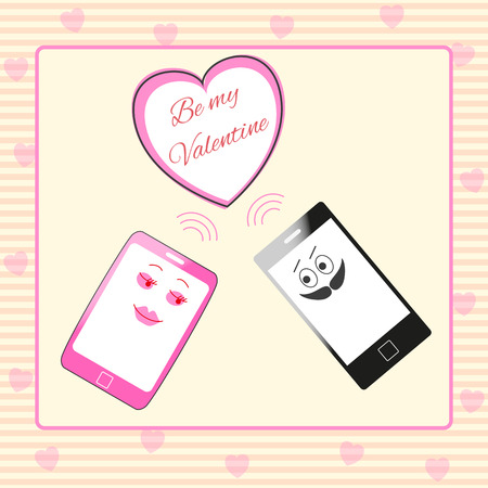 Couple of pink female and black male smartphone characters sending each other a wireless message Be my Valentine into heart shape. Greeting card eps10 vector illustration.のイラスト素材