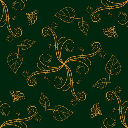 Abstract floral gold on green seamless freehand line art patternのイラスト素材