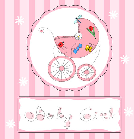 Baby girl shower or arrival card in pink colors with freehand retro styled baby carriage and handwritten title, eps10 vector illustrationのイラスト素材