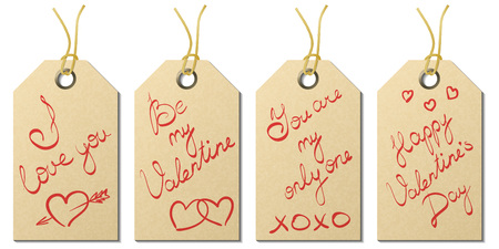 Set of four Valentines Day gift tags with handwritten greetingsのイラスト素材