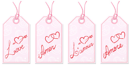 Set of four gift tags with handwritten word Love in English, Spanish, French and Italian on pink paperのイラスト素材