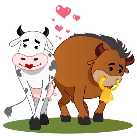 Cheerful enamored cow and bull のイラスト素材
