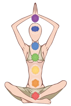 Woman silhouette in yoga position with the symbols of seven chakras のイラスト素材
