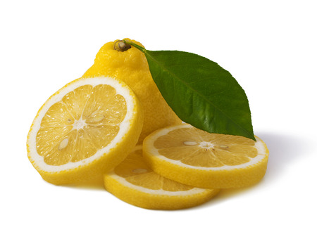 pieces of lemon and mint leaves isolated on whiteの写真素材