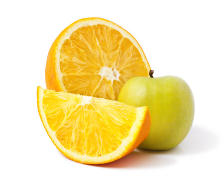 Apple and oranges isolated on white backgroundの写真素材