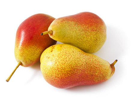 Ripe red-yellow pear fruit isolated on white backgroundの写真素材