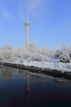 landscape of snow with cctv towerのeditorial素材