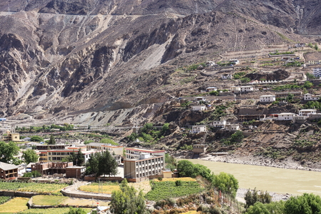 chinese village in spring in mountainの写真素材