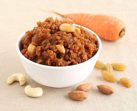 Carrot halwa, an Indian traditional and popular sweet dish, which is typically made on the day of festivals like Diwali. Jaggery is used instead of sugar to make the food healthier.の写真素材
