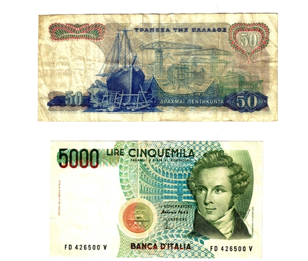 old banknotes, 5000 pounds and 50 drachmasのeditorial素材