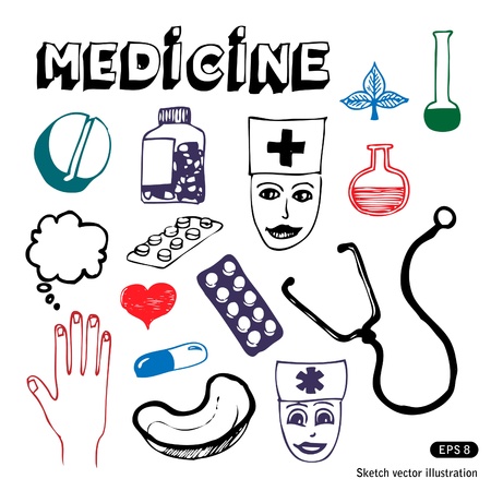   Medicine icon set. Hand drawn illustration on whiteのイラスト素材
