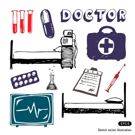   Medicine icon set. Hand drawn illustration on whiteのイラスト素材