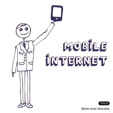   Person with a computer. Hand drawn vector isolated on whiteのイラスト素材