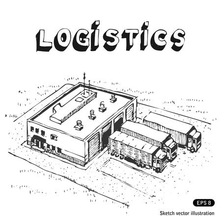   Warehouse and trucks  Hand drawn のイラスト素材
