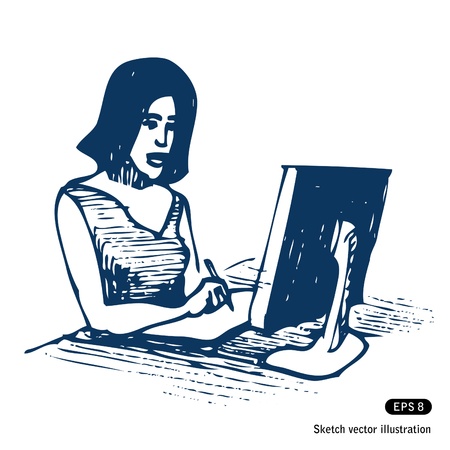   Female working with computer and tablet  Hand drawn isolated on whiteのイラスト素材
