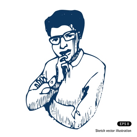  Thinking worker  Hand drawn vector isolated on whiteのイラスト素材