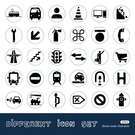   Transport and road signs urban web icons set  Hand drawn vector isolated on whiteのイラスト素材