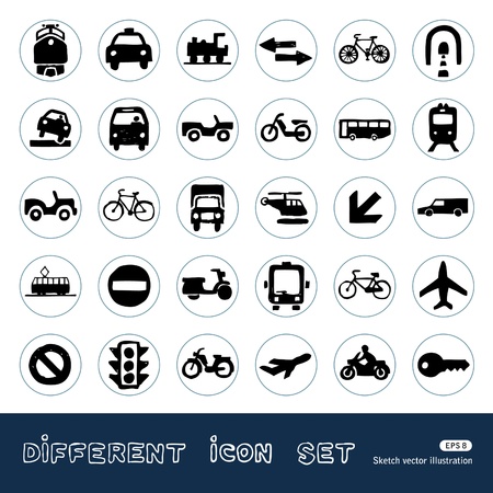   Transport, road signs and cars web icons set  Hand drawn vector isolated on whiteのイラスト素材