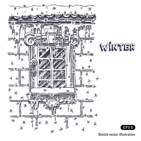 Winter beautiful window on brick wall  With snow and icicles  Hand drawn vector isolated on whiteのイラスト素材