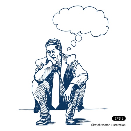   Stressed man sitting on step. のイラスト素材