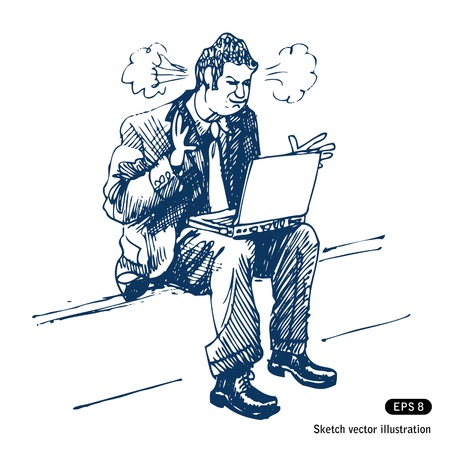   Stressed man sitting on step with laptop. のイラスト素材