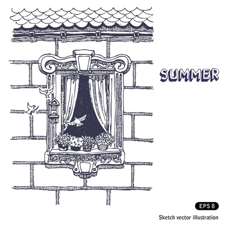   Summer beautiful opened window on brick wall. With flying birds.のイラスト素材