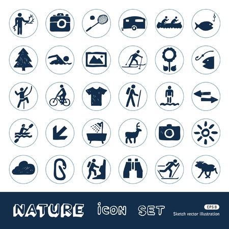 Sport, vacation and nature web icons set  Hand drawn isolated on whiteのイラスト素材