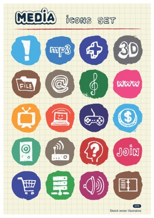 Media and social network web icons set drawn by chalk  Hand drawn elements pack isolated on paperのイラスト素材
