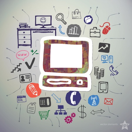 Hand drawn marketing icons set and sticker with computer. のイラスト素材