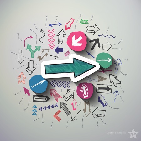 Arrows collage with icons background. Vector illustrationのイラスト素材